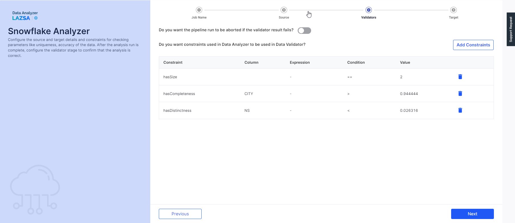 Constraints selected for data validator job